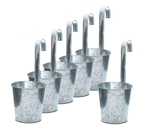 Spetebo 6er Set Balkon Hängetopf Silber mit Haken zum Aufhängen - Zink Garten Blumentopf für Geländer und Zaun - Pflanzen Hängetöpfe Kräuter Topf Blumen Vase Übertopf mit Aufhängung