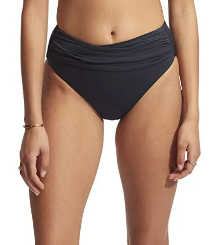 Seafolly Women's Standard High Waist Wrap Front Bikini Bottom Swimsuit, Eco Collective True Navy, 12