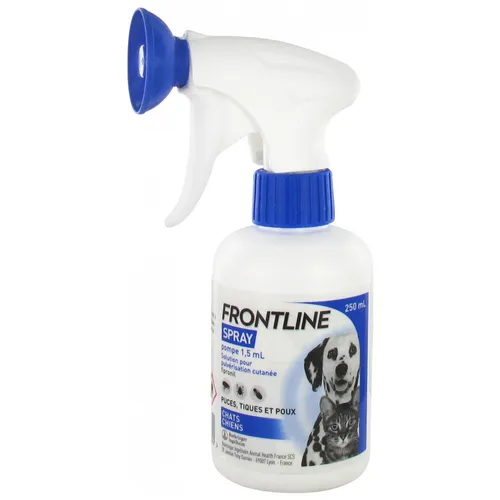 Frontline Anti-Parasiten Spray 250 ml für Hunde und Katzen - Effektives Anti-Parasiten Spray für Hunde und Katzen ab 2 Tagen. Schützt bis zu 3 Wochen gegen Zecken und 40 Tage gegen Flöhe. Hydroalkoholische Formel, leicht anzuwenden und ohne fettige Rückstände.