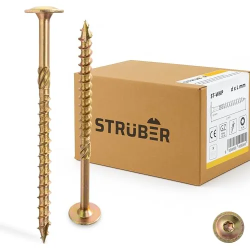 STRÜBER Tellerkopfschrauben mit Torx-Antrieb (6,0 x 60 mm / 100 Stück) Holzschrauben für Dachkonstruktionen - Konstruktionsschrauben Gelb verzinkt - Sparrenschrauben TX-Buchse - BIT TX-30 inklusive!