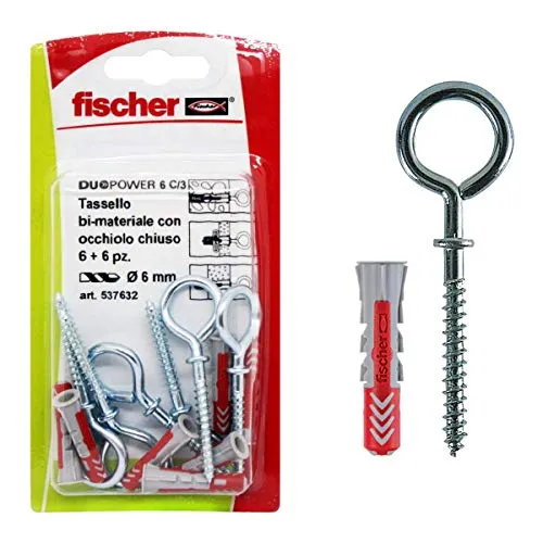 Fischer 537632 Dübel mit geschlossenem Ösenhaken, Duopower, Grau und Rot, 6 x 30 mm, 6 Stück je Packung