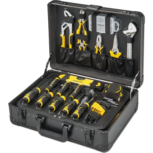 STANLEY 142-teiliges Werkzeug-Set im Aluminium-Koffer - Vielseitiger Werkzeugkasten mit 142 hochwertigen Werkzeugen, ideal für Heimwerker und Profis; ergonomisch und kompakt für einfache Handhabung und sichere Aufbewahrung.