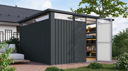 Gartenhaus KARIBU "Metall mit Lichtband aus Kunststoff, Østen 4", grau (anthrazit) - Gartenhäuser aus Stahl, robust und langlebig, mit 10 Jahren Herstellergarantie und praktischen Doppelflügeltüren für einfachen Zugang.