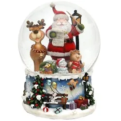 Dekohelden24 XXL Schneekugel, lustigem, Spielwerk, Melodie: Rudolph The red-Nosed Reindeer, Maße L/B/H: 15 x 15 x 20 cm Kugel Ø 15 cm, Santa mit Elch