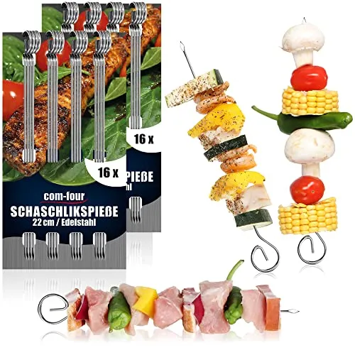 com-four® 32x Schaschlikspieße 22 cm aus Edelstahl - Lange Fleischspieße - Premium Grillspieße, Gemüsespieße im Set für BBQ, Grill, Fleisch, Schaschlik und Gemüse (22cm - 32 Stück)