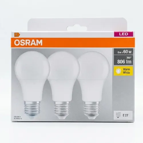 Osram BASE CLASSIC A 60 FR LED-Lampe E27, warmweiß, 3er Pack - Helle und energiesparende LED-Lampe mit warmweißem Licht. Ideal für angenehme Beleuchtung, lange Lebensdauer von bis zu 10.000 Stunden und sofortige Lichtqualität ohne Aufwärmzeit.