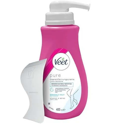 Veet PURE Haarentfernungscreme - 400 ml für Beine & Körper - Effektive Haarentfernung für seidig glatte Haut. Ideal für sensible Haut, enthält minimale Inhaltsstoffe. Angenehmer Duft und kein Risiko von Schnittverletzungen.