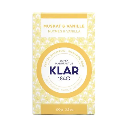 KLAR Festes Shampoo Muskat & Vanille 100 g - Umweltfreundliches Shampoo für normales Haar, silikonfrei und vegan. Die praktische Shampoo-Bar ist extrem ergiebig, langlebig und verursacht keinen Plastikmüll.