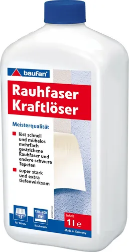 Baufan Rauhfaser-Kraftlöser - 1,0 l - Farbverdünner & Lösungsmittel, ideal für überstrichene Rauhfaser und schwere Tapeten mit extra starker Lösekraft und hoher Durchdringungsfähigkeit.