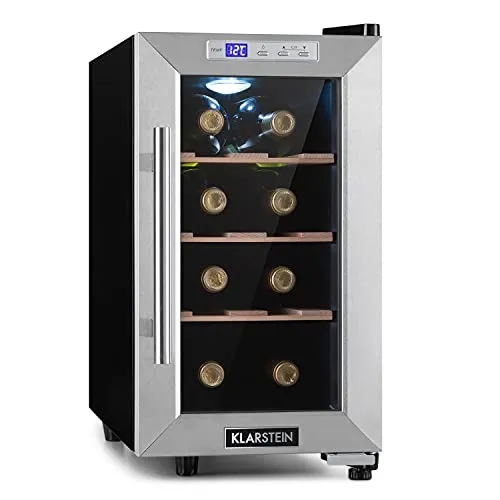 Klarstein Weinkühlschrank - Schmaler Getränkekühlschrank mit Glastür - Weinkühlschrank für bis zu 8 Flaschen, mit UV-Schutz und einstellbarer Temperatur von 11-18°C, ideal für die perfekte Lagerung deiner Weine.