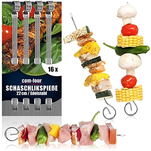 com-four® 16x Schaschlikspieße 22 cm aus Edelstahl - Lange Fleischspieße - Premium Grillspieße, Gemüsespieße im Set für BBQ, Grill, Fleisch, Schaschlik und Gemüse (22cm - 16 Stück)