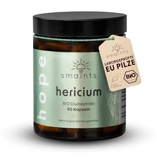 smaints® BIO Hericium Dual-Extrakt Kapseln - 100% aus Bio Anbau in Europa - 90 Stk für 90 Tage - hochdosiert 500 mg pro Kapsel - Premium Lions Mane Löwenmähne Igelstachelbart - vegan & laborgeprüft