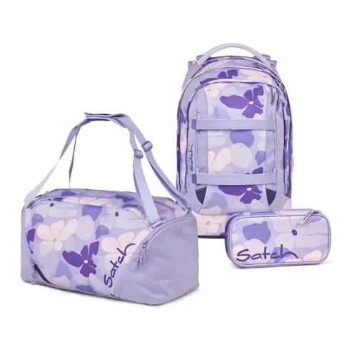 satch Pack Schulrucksack Set 3tlg. (Lilac Blossom) mit Schlamperbox und Sporttasche - Schultaschen Set mit innovativem 3D Soft-Mesh Rückensystem für optimalen Tragekomfort. Inklusive Schlamperbox für alle Schulutensilien. Ideal für Schüler!
