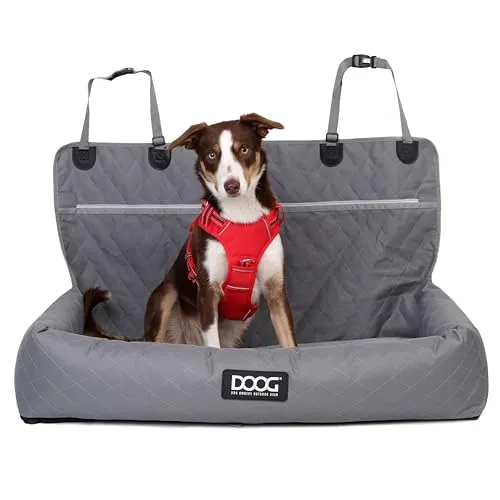 DOOG Car Seat Grau - Large 100 x 40 cm - Hunde- & Autositze, ideal für große Hunde oder 2 kleine bis mittelgroße Hunde, mit abnehmbarem Kissenbezug und stabilem Rückhaltesystem für Sicherheit auf Reisen.