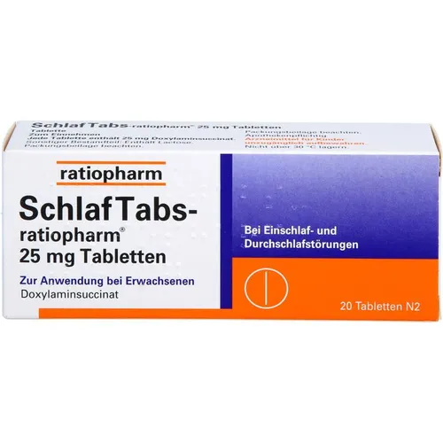 SchlafTabs ratiopharm 25mg - Arzneimittel zur Behandlung von Ein- und Durchschlafstörungen, unterstützt durch den Wirkstoff Doxylaminsuccinat für ein schnelles Einschlafen.