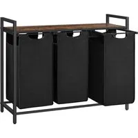 VASAGLE Wäschekorb mit 3 Fächern, Vintagebraun-Schwarz - Praktischer Wäschekorb mit 3 Fächern (3 x 38 L) und ausziehbarer Ablage, ideal für eine stilvolle Organisation im modernen Zuhause.
