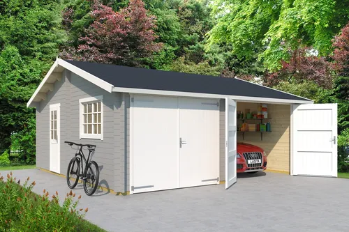 Garage Satteldach 44 mm Falkland mit Holztor grau 595x595 cm - Robuste Holzgarage mit abschließbarem Holztor und 32,1 m² Nutzfläche, ideal für die sichere Unterbringung Ihrer Fahrzeuge und Geräte.