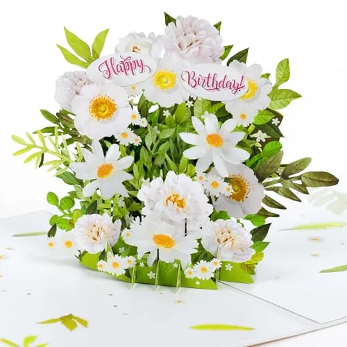 LIMAH® Happy Birthday Pop-up 3D Geburtstagskarte zum Geburtstag für Frau, Freundin, Oma - kombinierbar mit einem Gutschein, Geschenk, oder Blumenstrauß - Motiv. Weiße Blumen mit grüner Deko