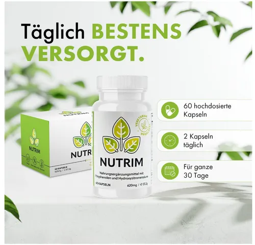 Nutrim (60 Kapseln) - Natürliche Unterstützung für dein Ziel - Nahrungsergänzungsmittel mit hochwertigen Pflanzenextrakten, ideal für vegane und vegetarische Ernährungsweisen. Praktischer Monatsvorrat für Männer und Frauen.