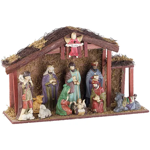 PEARL Krippen: Große Weihnachtskrippe mit 11 Porzellan-Figuren, LED-Beleuchtung