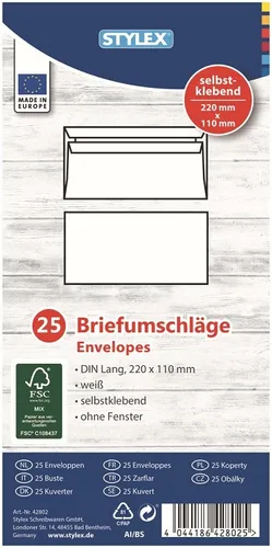 Briefumschläge Umschläge DIN Lang ohne Fenster, 25 Stück weiß Stylex 42802
