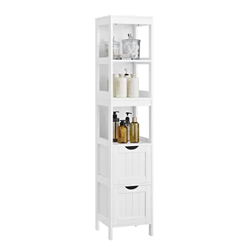 VASAGLE Badezimmerschrank mit 2 Schubladen - Hoch- & Midischränke fürs Bad, modularer Schrank mit abnehmbaren Schubladen für individuelle Aufbewahrung und elegantes Design in Weiß.
