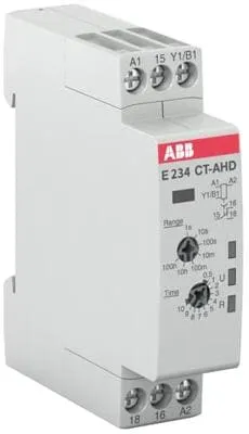 ABB E234CT-AHD Zeitrelais rückfallverzögert RV - Zeitrelais mit 7 Zeitfunktionen, einstellbar von 0,05 Sekunden bis 100 Stunden. Kompakt mit nur 17,5 mm Breite, ideal für Installationsschränke und vielseitig einsetzbar.