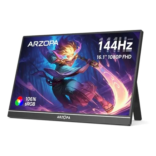ARZOPA 16.1'' 144Hz Tragbarer Monitor - Ultra-dünn und 100% sRGB - Tragbarer Monitor für Gaming und Multimedia mit 144Hz und 100% sRGB für lebendige Farben. Ideal für Laptop, PC, PS5 und Xbox - einfach anschließen und loslegen!