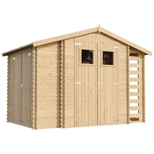 Holzhaus Gartenhaus TIMBELA M389 mit Brennholzschuppen - Gerätehaus mit 3,53 m2 Stauraum, ideal für Gartenwerkzeuge oder Fahrräder. Robuste 19-mm-Paneele und einfache Montage mit vorgeschnittenen Hölzern. Inklusive Doppeltüren für optimalen Zugang.