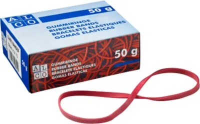 ALCO-Albert Gummibänder 150x4mm, rot im 50g Karton - Stark dehnfähige Gummibänder aus Naturkautschuk mit 100 mm Durchmesser. Ideal für vielfältige Anwendungen, geliefert im praktischen 50g Karton.