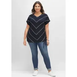 Kurzarmshirt SHEEGO "T-Shirt", Damen, Gr. 56, blau (nachtblau, weiß), 95% Viskose, 5% Elasthan, gemustert, mehrfarbig, gestreift, V-Ausschnitt, Kurzarm, Shirts