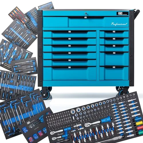 Werkzeugwagen NTG XXL mit 457 tlg. Werkzeugset und 12 Schubladen - Umfangreicher Werkzeugwagen für die Werkstatt: 457 Teile in hochwertiger Carbonoptik, ideal organisiert für schnellen Zugriff. Perfekt für Profis und Hobby-Handwerker.