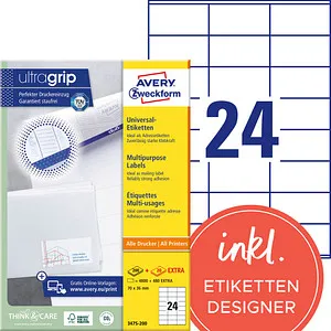 Zweckform 3475-200 Avery Etiketten 70 x 36mm, 5280 Stück - Etiketten mit innovativer Ultragrip-Technologie für perfekten Druckereinzug, ideal für Stapelverarbeitung und umweltfreundlich produziert.