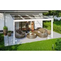 Skan Holz Terrassenüberdachung Modena 434 x 357 cm - Moderne Terrassenüberdachung aus pulverbeschichtetem Aluminium in Weiß, mit 10 mm Sicherheitsglas für optimalen Lichtschutz und hohe Stabilität.