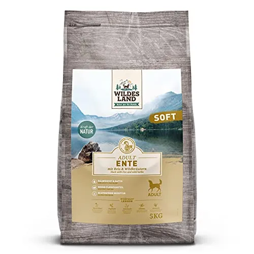 Wildes Land Halbfeuchtes Trockenfutter für Hunde - Ente - 5 kg - Hundefutter, glutenfrei und mit extra viel Fleisch für beste Akzeptanz. Ideal für alle Hunderassen, mit Ente als einzige tierische Eiweißquelle für gesunde Ernährung.
