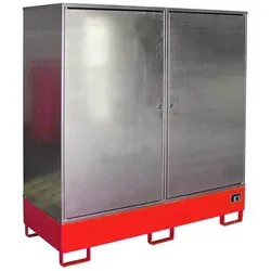 BAUER Gefahrstoffschrank GS-2 für 2 x 200 Liter Fass - Werkstatteinrichtung: Robuster Gefahrstoffschrank in Feuerrot, ideal für die sichere Lagerung von Chemikalien und Flüssigkeiten, mit Platz für 2 x 200 Liter Fässer.