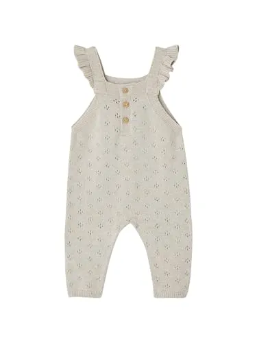 Vertbaudet Baby Strick-Latzhose mit Volantträgern - Beige melierte Latzhose aus weichem Strick mit Ajourmuster und dekorativen Volants. Ideal für süße Outfits und bequemes Tragen. Perfekt für Babys und Kleinkinder! 56 cm Größe erhältlich.