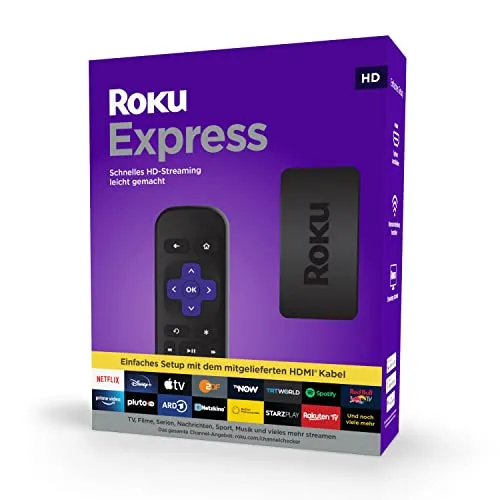 Roku Express HD-Streaming Media Player - Einfaches Setup mit HDMI-Kabel, ermöglicht Streaming von Filmen und Serien in 1080p. Kompatibel mit Google Assistant und Alexa für mühelose Steuerung.