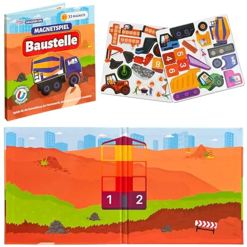MAGNIKON Magnetspiel Baustelle mit 33 Magnete, Motorikspielzeug für die Beschäftigung bei der Autofahrt, Magnetbuch ab 3 Jahre, Spiel für Unterwegs mit verschiedenen Magnetpuzzlen