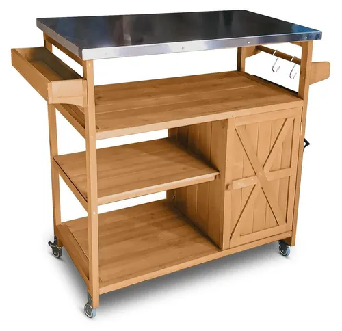 Coemo Servierwagen James - Küchenwagen mit Rollen - Möbelsets: Hochwertiger Küchenwagen aus Holz mit Edelstahl-Top, ideal als mobile Bar oder Grillstation für Garten und Terrasse, bietet viel Stauraum und praktische Details.