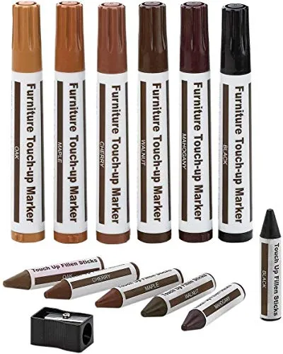 Möbelreparaturset Holzmarker - 13er-Set - Marker und Wachsstifte mit Spitzer-Set für Flecken, Kratzer, Holzfußböden, Tische, Schreibtische, Tischler, Bettpfosten, Ausbesserungen und Vertuschungen