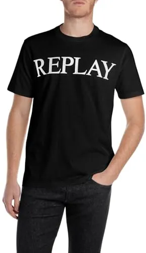Replay Herren T-Shirt Kurzarm Schwarz, Größe L - Hochwertiges T-Shirt aus reiner Baumwolle mit lockerem Schnitt und minimalistischem Print. Ideal für einen lässigen Look und angenehm zu tragen.