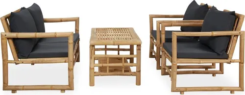vidaXL 4-tlg. Garten-Lounge-Set mit Auflagen Bambus - Grau - Gartenmöbel Set aus robustem Bambus, bestehend aus einer Sitzbank, zwei Stühlen und einem Tisch. Gepolsterte Kissen bieten hohen Komfort für entspannte Stunden im Freien.