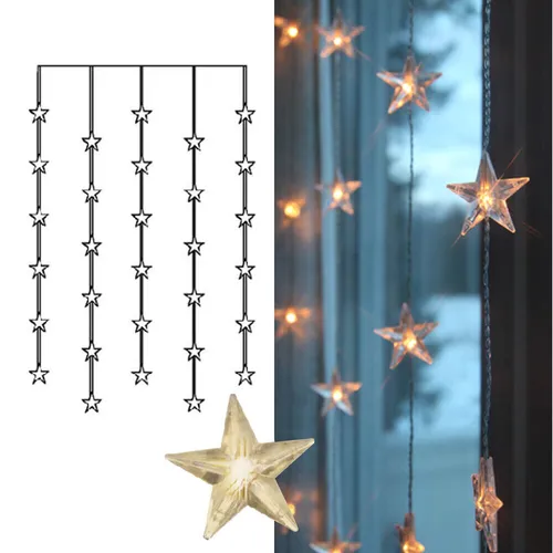 STAR LED Sternen Lichter Fenster Deko Vorhang Kette 30 warmweiße Sterne 5V DC