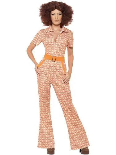 Smiffys Authentisches 70iger Jahre Chic Kostüm - Kostüm-Outfits für Erwachsene, 70er Jahre Overall für Damen, ideal für Karneval und Themenpartys, leichtes Material für hohen Tragekomfort, einfaches An- und Ausziehen dank Reißverschluss.