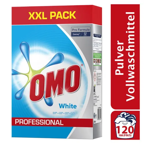 OMO Professional White 8,4 kg XXL Pack Vollwaschmittel - Waschmittel für strahlend weiße Wäsche, entfernt Schmutz und Gerüche, hervorragende Waschergebnisse ab 30°C, bis zu 120 Wäschen pro Packung.