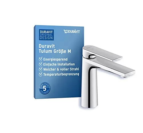 Duravit Tulum Waschtischarmatur, Größe M (Auslauf Höhe 122 mm), Wasserhahn Bad, Waschbecken Armatur mit FreshStart-Funktion, Chrom