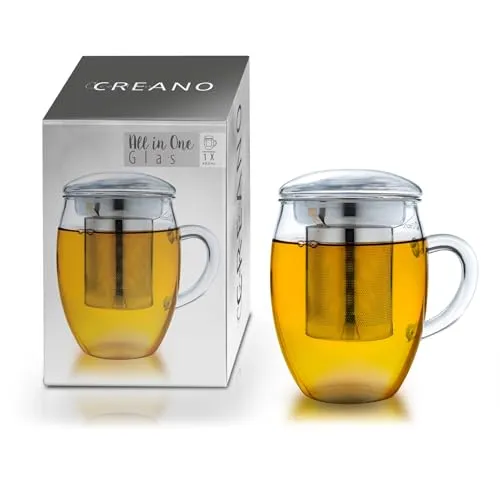 Creano Teeglas „All in One“ mit Edelstahlfilter und Borosilikatglas - Erleben Sie das 400ml Creano "all-in-one" Teeglas mit integriertem Edelstahlfilter. Ideal für aromatischen Teegenuss, vielseitig einsetzbar und spülmaschinengeeignet – perfekter Begleiter für Teeliebhaber!