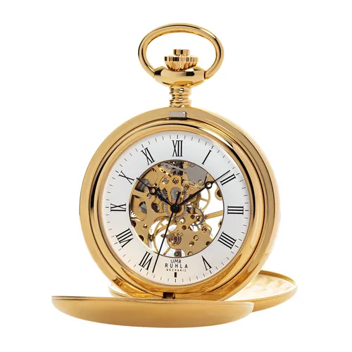 UMR RUHLA Taschenuhr Mechanic, Handaufzug, skelettiert, Edelstahl, Gold