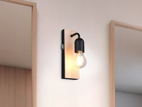 Moderne Badezimmer Wandleuchte 1-flammig mit Schalter und Holz - Wandleuchte für das Bad aus Naturholz und matt schwarzem Metall, 3-stufig dimmbar mit austauschbarem E27 LED Leuchtmittel – ideal für stimmungsvolle Beleuchtung